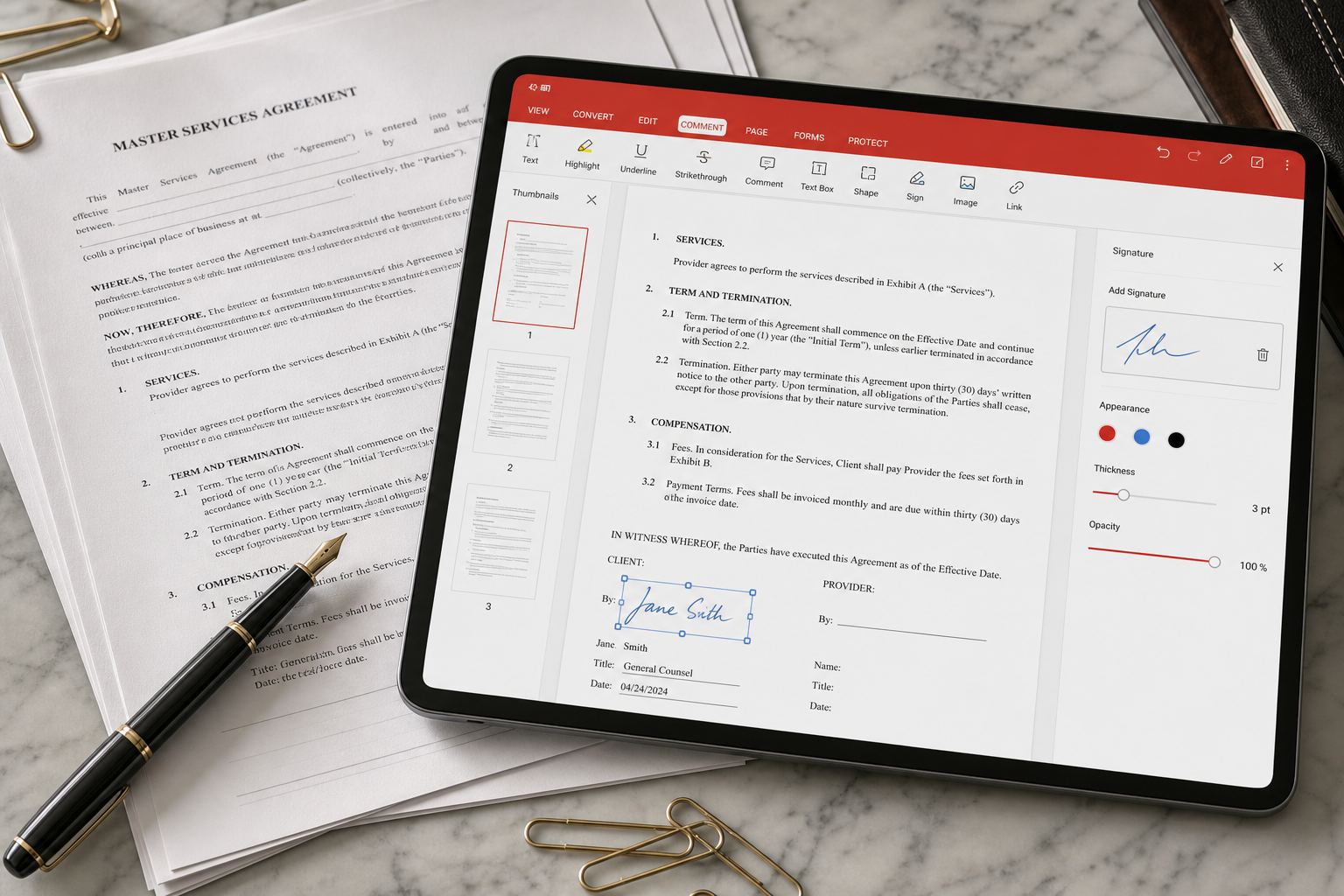 Signing a PDF agreement on a tablet