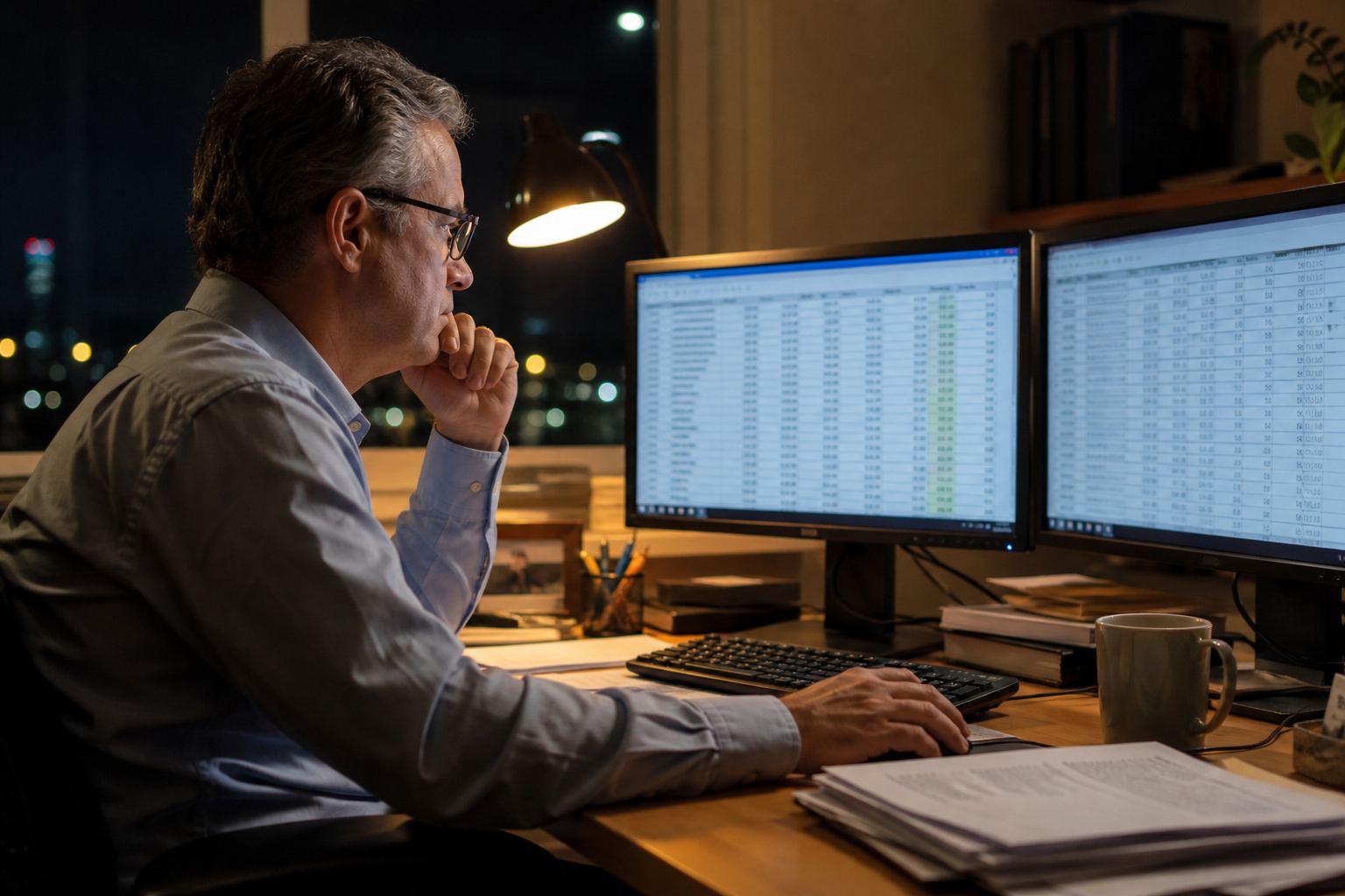 Analyst with dual-monitor spreadsheets at night