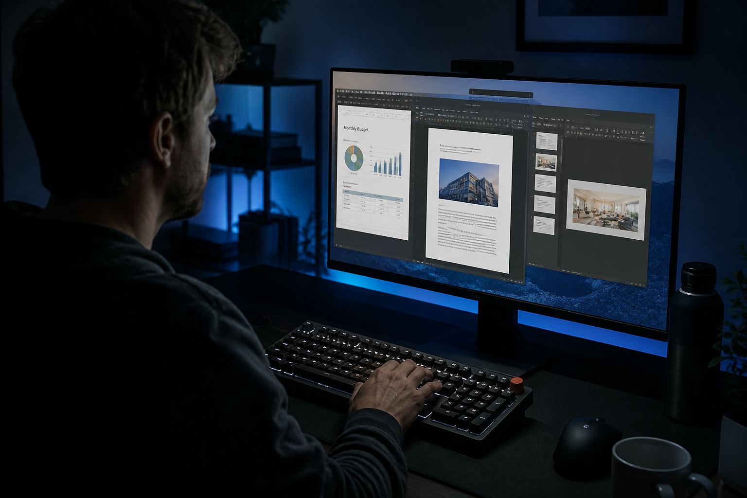 Designer working across sheets, a document, and slides